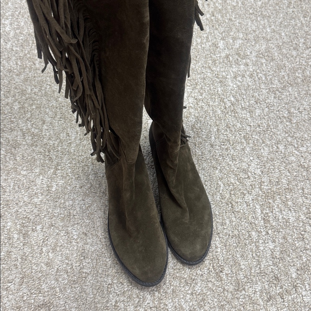 Stuart Weitzman Olive Suede Over-the-Knee Fringe Boots - Picture 2 of 8
